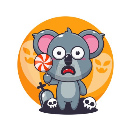 Téléchargez les illustrations : Mignon koala effrayé par le fantôme le jour d'Halloween. Jolie illustration de dessin animé d'Halloween. Illustration vectorielle pour affiche, brochure, web, mascotte, autocollant, logo et icône. - en licence libre de droit