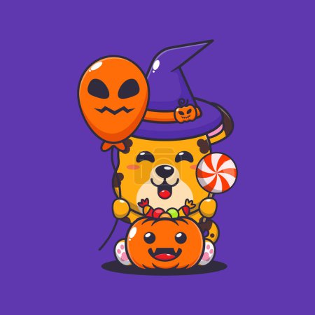 Illustration for Witch leopard holding halloween balloon and candy. Cute halloween cartoon illustration. Vector cartoon Illustration suitable for poster, brochure, web, mascot, sticker, logo and icon. - Royalty Free Image