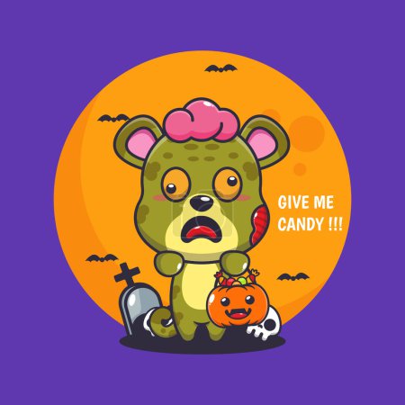 Téléchargez les illustrations : Le léopard zombie veut des bonbons. Jolie illustration de dessin animé d'Halloween. Illustration vectorielle pour affiche, brochure, web, mascotte, autocollant, logo et icône. - en licence libre de droit