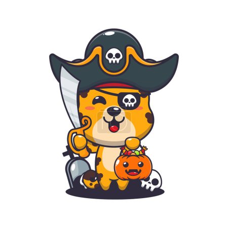 Téléchargez les illustrations : Pirates léopard au jour d'Halloween. Jolie illustration de dessin animé d'Halloween. Illustration vectorielle pour affiche, brochure, web, mascotte, autocollant, logo et icône. - en licence libre de droit