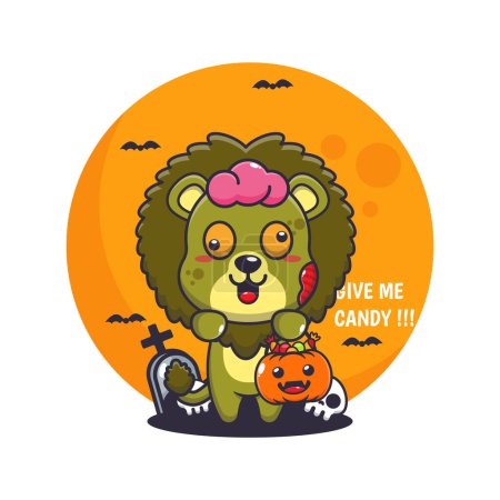 Téléchargez les illustrations : Le lion zombie veut des bonbons. Jolie illustration de dessin animé d'Halloween. Illustration vectorielle pour affiche, brochure, web, mascotte, autocollant, logo et icône. - en licence libre de droit