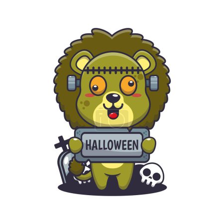 Téléchargez les illustrations : Lion zombie tenant halloween saluant pierre. Jolie illustration de dessin animé d'Halloween. Illustration vectorielle pour affiche, brochure, web, mascotte, autocollant, logo et icône. - en licence libre de droit