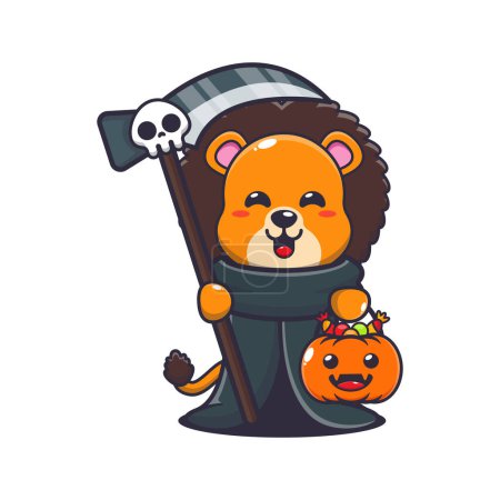Illustration for Grim reaper lion holding scythe and halloween pumpkin. Cute halloween cartoon illustration. Vector cartoon Illustration suitable for poster, brochure, web, mascot, sticker, logo and icon. - Royalty Free Image