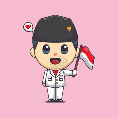 Illustration for Cute flag raiser boy holding indonesian flag in indonesian independence day cartoon vector illustration. - Royalty Free Image