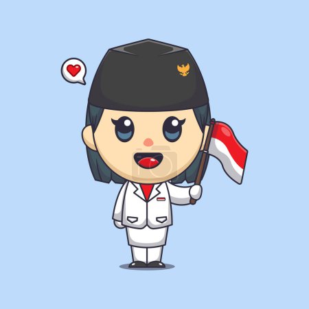Illustration for Cute flag raiser female holding indonesian flag in indonesian independence day cartoon vector illustration. - Royalty Free Image