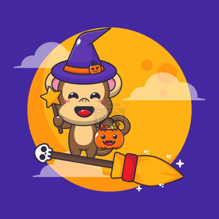 Illustration for Witch monkey fly with broom in halloween night. Cute halloween cartoon illustration. - Royalty Free Image