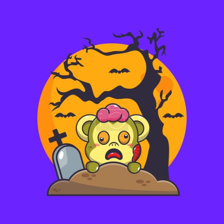 Ilustración de El mono zombi se levanta del cementerio en el día de Halloween. Linda ilustración de dibujos animados de Halloween. - Imagen libre de derechos