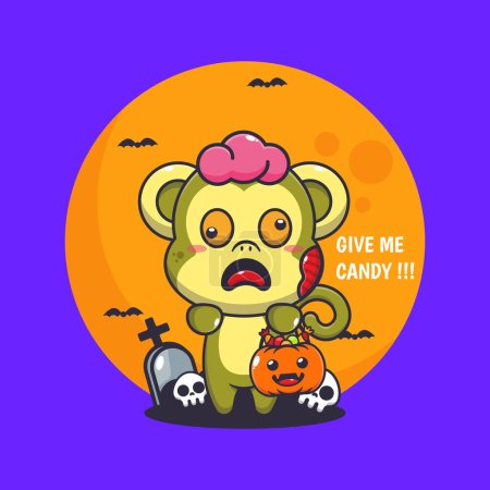 Ilustración de El mono zombi quiere dulces. Linda ilustración de dibujos animados de Halloween. - Imagen libre de derechos