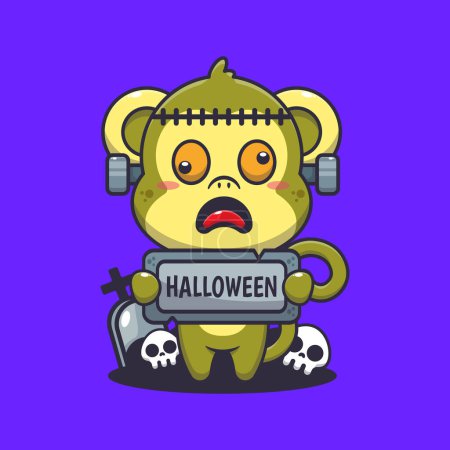 Illustration for Zombie monkey holding halloween greeting stone. Cute halloween cartoon illustration. - Royalty Free Image
