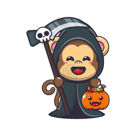 Ilustración de Mono parca sosteniendo guadaña y calabaza de halloween. Linda ilustración de dibujos animados de Halloween. - Imagen libre de derechos