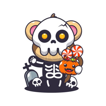 Ilustración de Lindo mono con disfraz de esqueleto que sostiene la calabaza de Halloween. Linda ilustración de dibujos animados de Halloween. - Imagen libre de derechos