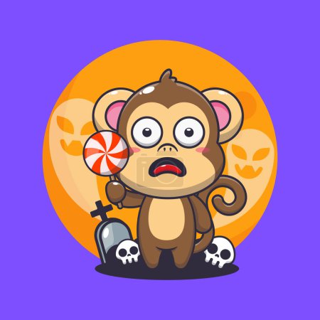 Illustration for Cute monkey scared by ghost in halloween day. Cute halloween cartoon illustration. - Royalty Free Image