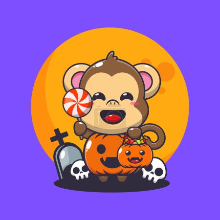 Ilustración de Lindo mono con disfraz de calabaza de Halloween. Linda ilustración de dibujos animados de Halloween. - Imagen libre de derechos
