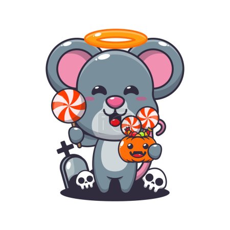 Téléchargez les illustrations : Mignon ange souris tenant bonbons dans le jour d'Halloween. Jolie illustration de dessin animé halloween. - en licence libre de droit