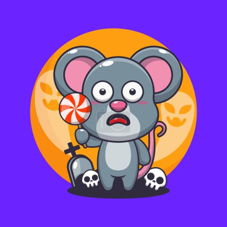 Illustration for Cute mouse scared by ghost in halloween day. Cute halloween cartoon illustration. - Royalty Free Image