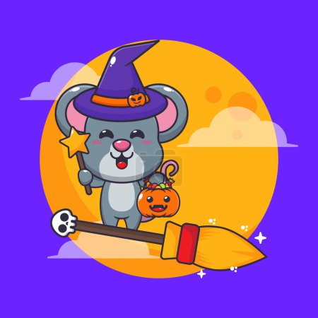 Téléchargez les illustrations : Mouche de souris sorcière avec balai dans la nuit d'Halloween. Jolie illustration de dessin animé halloween. - en licence libre de droit