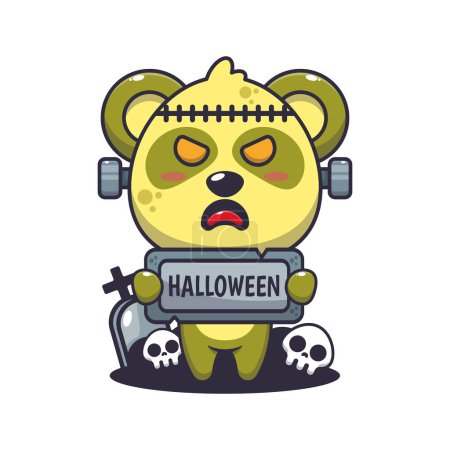 Foto de Zombie panda sosteniendo la piedra de saludo de Halloween. Linda ilustración de dibujos animados de Halloween. - Imagen libre de derechos