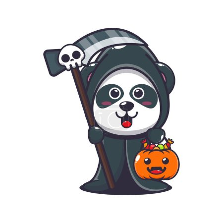Téléchargez les illustrations : Grim panda faucheur tenant faux et citrouille d'Halloween. Jolie illustration de dessin animé halloween. - en licence libre de droit