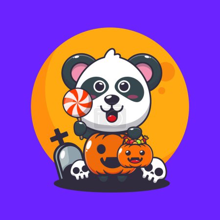 Ilustración de Lindo panda con disfraz de calabaza de Halloween. Linda ilustración de dibujos animados de Halloween. - Imagen libre de derechos