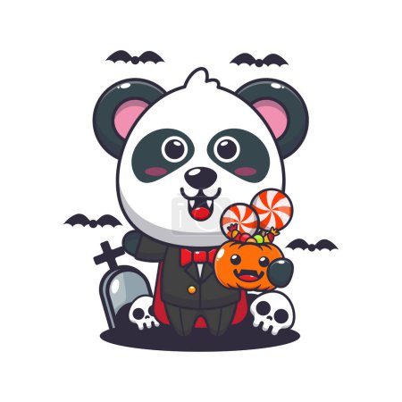 Téléchargez les illustrations : Vampire panda tenant la citrouille d'Halloween. Jolie illustration de dessin animé halloween. - en licence libre de droit