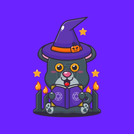 Illustration for Witch panther reading spell book. Cute halloween cartoon illustration. - Royalty Free Image