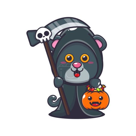 Illustration for Grim reaper panther holding scythe and halloween pumpkin. Cute halloween cartoon illustration. - Royalty Free Image