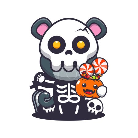 Ilustración de Linda pantera con disfraz de esqueleto que sostiene la calabaza de Halloween. Linda ilustración de dibujos animados de Halloween. - Imagen libre de derechos
