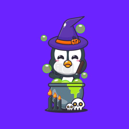 Photo for Witch penguin making potion in halloween day. Cute halloween cartoon illustration. - Royalty Free Image