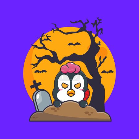Téléchargez les illustrations : Zombie pingouin monter du cimetière dans le jour d'Halloween. Jolie illustration de dessin animé halloween. - en licence libre de droit