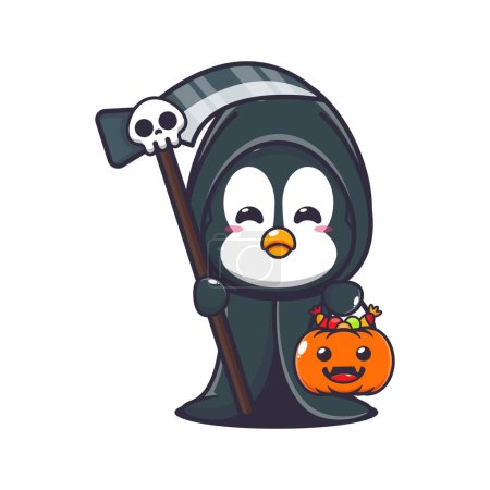 Illustration for Grim reaper penguin holding scythe and halloween pumpkin. Cute halloween cartoon illustration. - Royalty Free Image