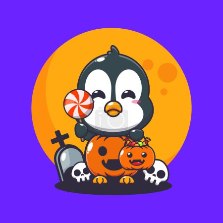 Téléchargez les illustrations : Mignon pingouin avec costume de citrouille d'Halloween. Jolie illustration de dessin animé halloween. - en licence libre de droit