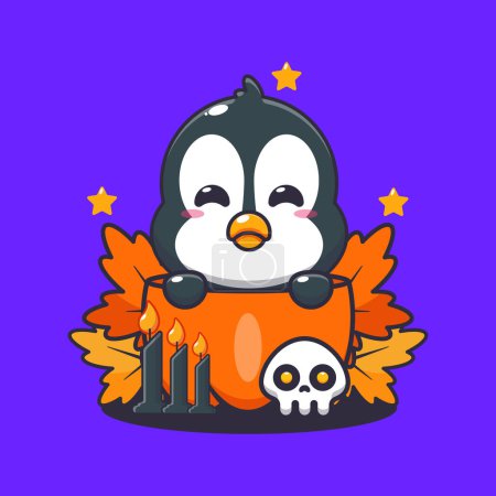 Illustration for Cute penguin in halloween pumpkin. Cute halloween cartoon illustration. - Royalty Free Image