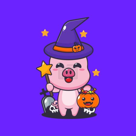 Téléchargez les illustrations : Sorcière de porc le jour d'Halloween. Jolie illustration de dessin animé halloween. - en licence libre de droit