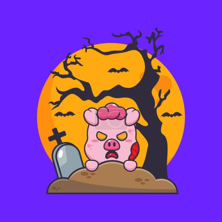 Illustration for Zombie pig rise from graveyard in halloween day. Cute halloween cartoon illustration. - Royalty Free Image