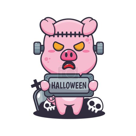 Ilustración de Cerdo zombi sosteniendo piedra de saludo de Halloween. Linda ilustración de dibujos animados de Halloween. - Imagen libre de derechos