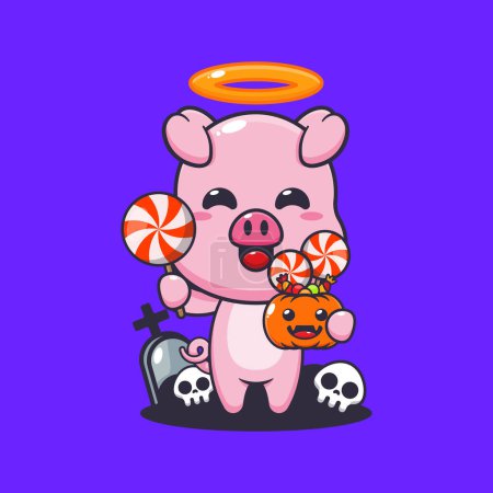 Téléchargez les illustrations : Cochon ange mignon tenant machette dans le jour d'Halloween. Jolie illustration de dessin animé halloween. - en licence libre de droit