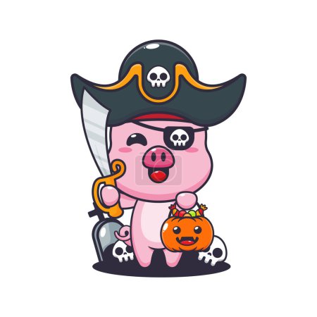 Ilustración de Cerdo pirata en el día de Halloween. Linda ilustración de dibujos animados de Halloween. - Imagen libre de derechos