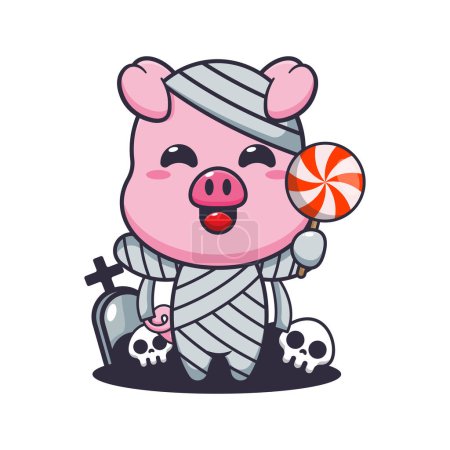 Ilustración de Cerdo mami sosteniendo caramelos de Halloween. Linda ilustración de dibujos animados de Halloween. - Imagen libre de derechos