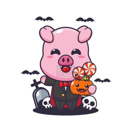 Téléchargez les illustrations : Cochon vampire tenant une citrouille d'Halloween. Jolie illustration de dessin animé halloween. - en licence libre de droit