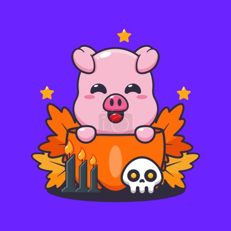 Illustration for Cute pig in halloween pumpkin. Cute halloween cartoon illustration. - Royalty Free Image