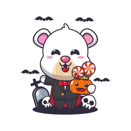 Ilustración de Oso polar vampiro sosteniendo calabaza de halloween. Linda ilustración de dibujos animados de Halloween. - Imagen libre de derechos