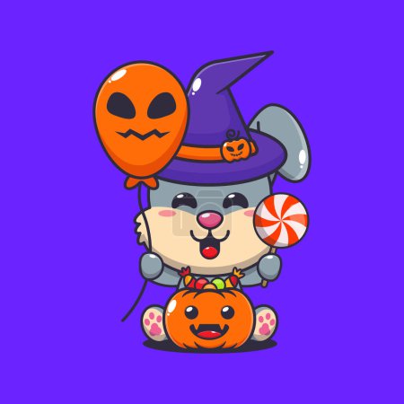 Ilustración de Conejo bruja sosteniendo globo de Halloween y dulces. Linda ilustración de dibujos animados de Halloween. - Imagen libre de derechos