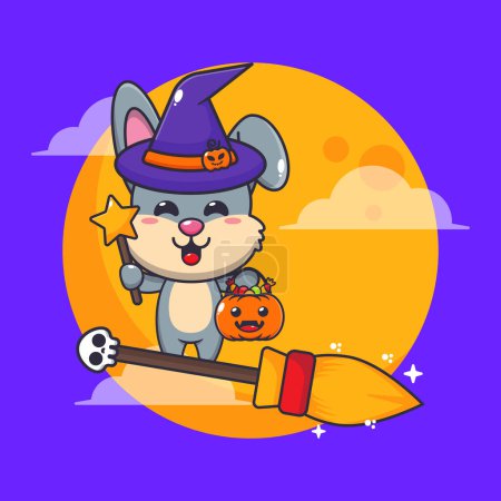 Ilustración de Conejo bruja vuela con escoba en la noche de Halloween. Linda ilustración de dibujos animados de Halloween. - Imagen libre de derechos