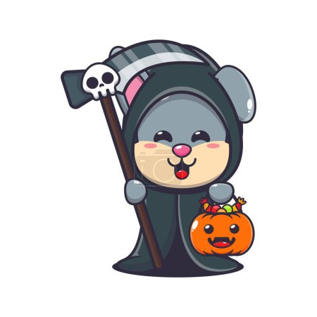 Ilustración de Conejo parca sosteniendo guadaña y calabaza de halloween. Linda ilustración de dibujos animados de Halloween. - Imagen libre de derechos