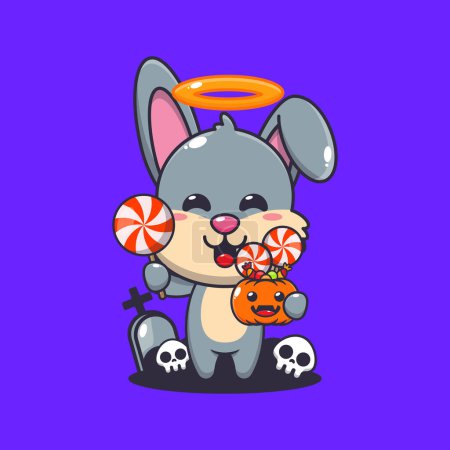 Ilustración de Lindo conejo ángel sosteniendo machete en el día de Halloween. Linda ilustración de dibujos animados de Halloween. - Imagen libre de derechos