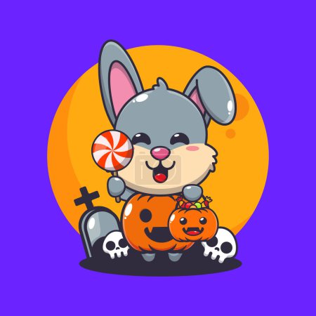 Ilustración de Lindo conejo con disfraz de calabaza de Halloween. Linda ilustración de dibujos animados de Halloween. - Imagen libre de derechos