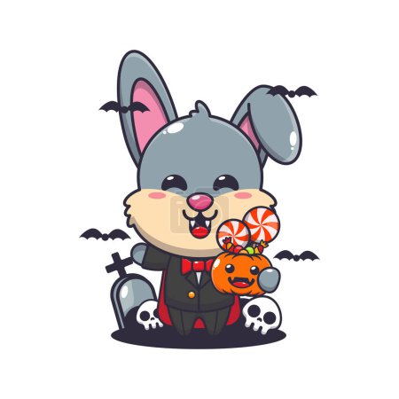 Ilustración de Conejo vampiro sosteniendo calabaza de halloween. Linda ilustración de dibujos animados de Halloween. - Imagen libre de derechos