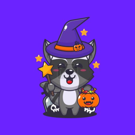 Illustration for Witch raccoon in halloween day. Cute halloween cartoon illustration. - Royalty Free Image