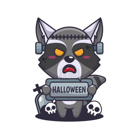 Ilustración de Mapache zombi sosteniendo piedra de saludo de Halloween. Linda ilustración de dibujos animados de Halloween. - Imagen libre de derechos