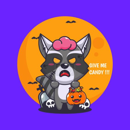 Illustration for Zombie raccoon want candy. Cute halloween cartoon illustration. - Royalty Free Image